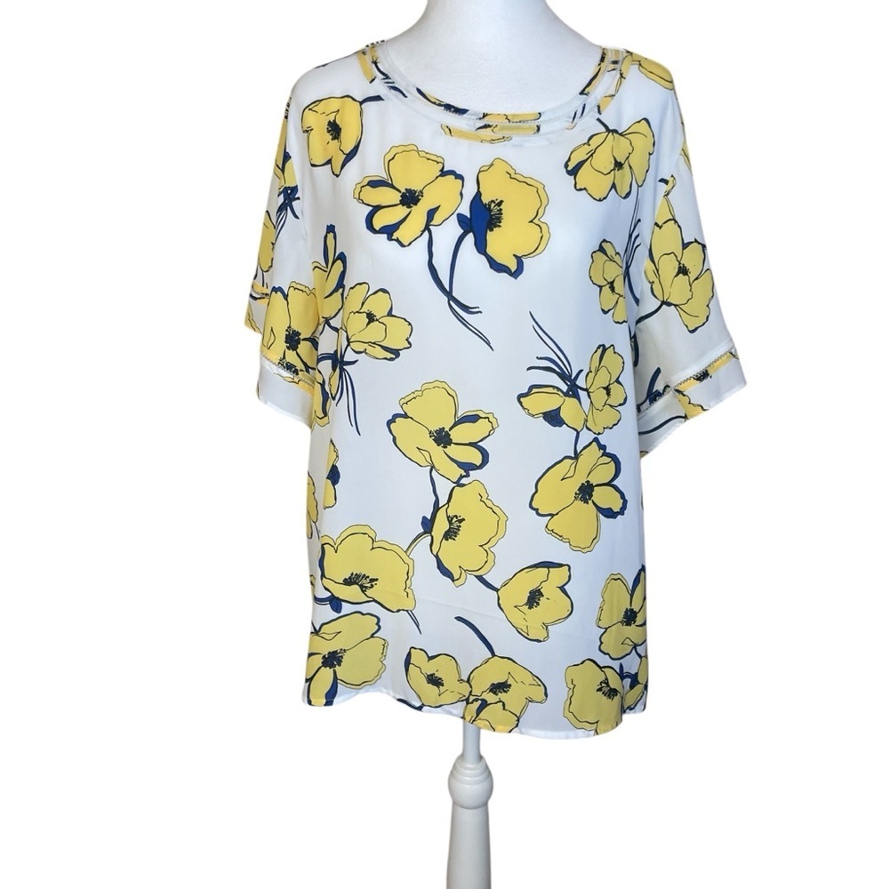Liz Claiborne White Yellow‎ Floral Blouse Petite XXL  Office Business Casual EUC